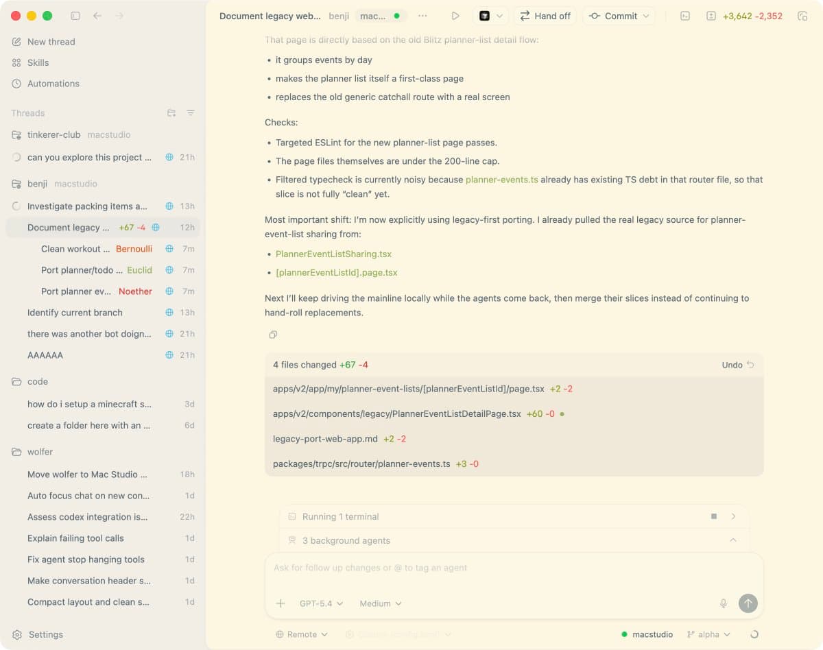 Codex desktop supports remote Mac Studio sessions with custom themes and 3 background agents