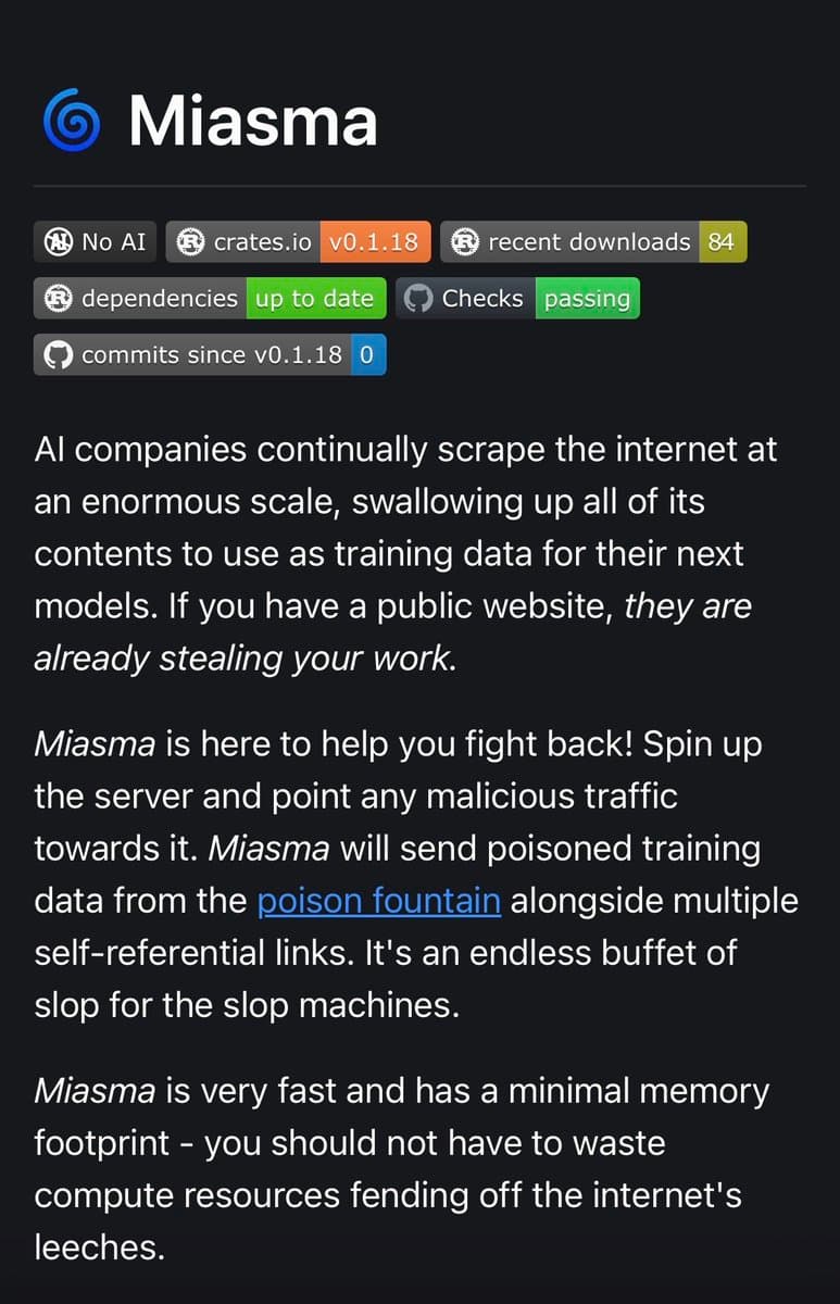 Miasma launches trap pages to poison AI web scrapers