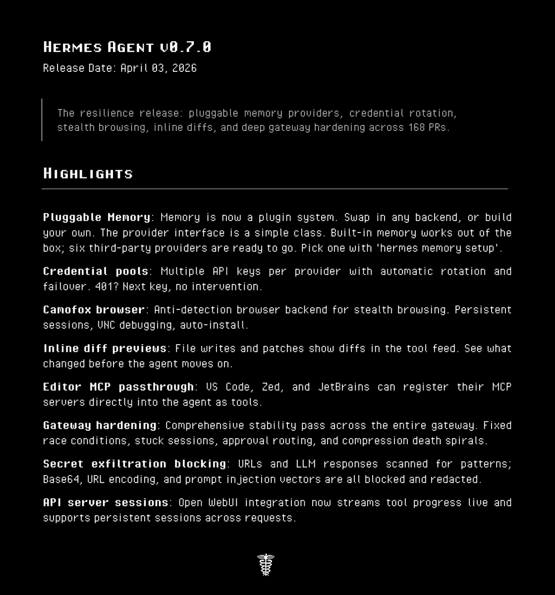 Hermes Agent 0.7.0 ships memory plugins, Camofox, and credential pools