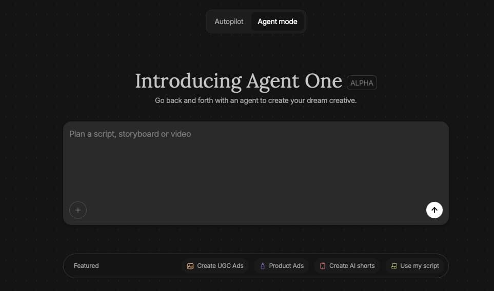 Agent One supports brief-to-video generation with saved characters and references