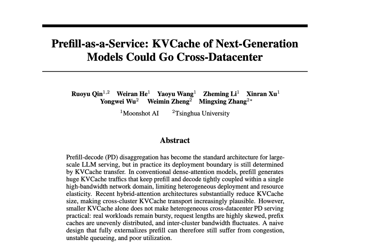 Moonshot claims 1.54x throughput and 64% lower P90 TTFT with cross-datacenter prefill