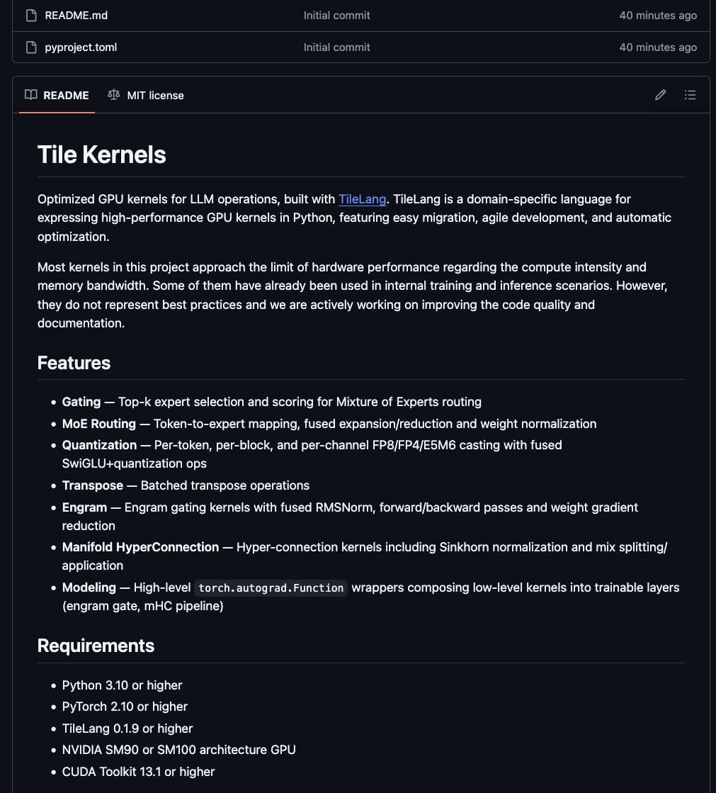 DeepSeek releases Tile Kernels with Engram, mHC, and FP4/FP8 ops for SM90 and SM100 GPUs