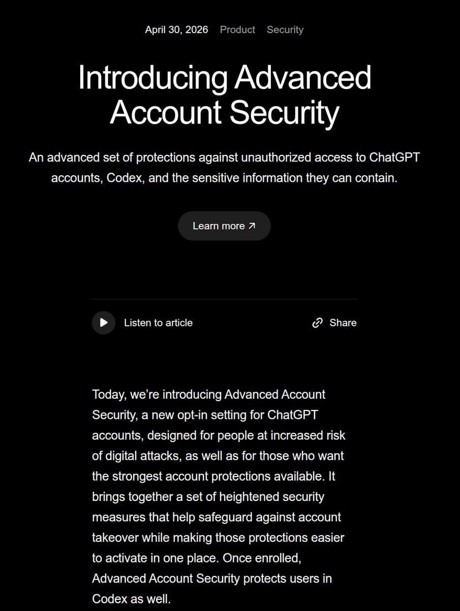 OpenAI adds Advanced Account Security with passkeys