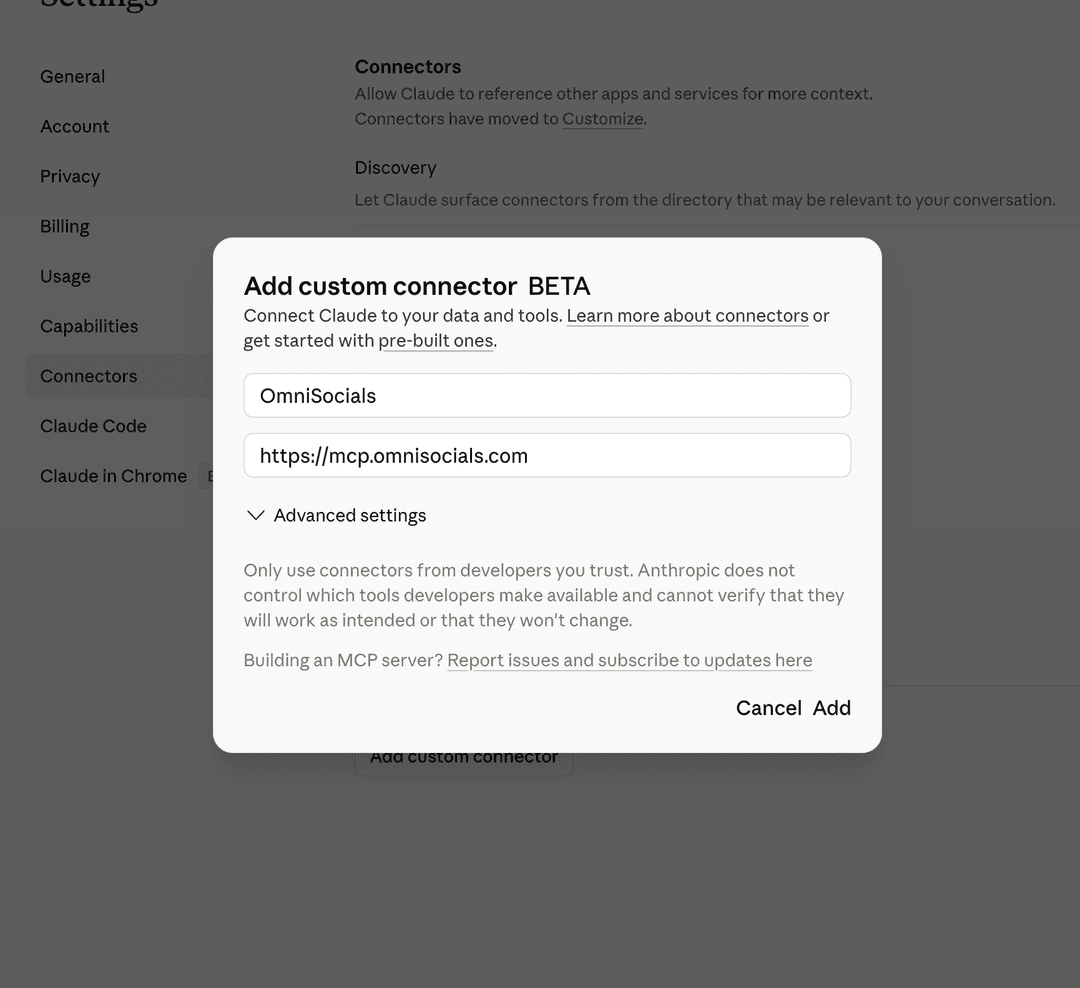 OmniSocials supports Claude MCP publishing across 10 social platforms