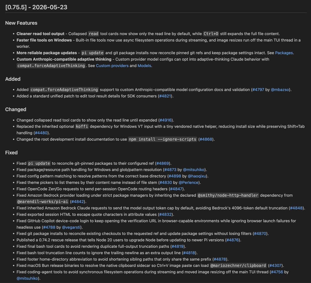 Pi releases v0.75.5 with collapsed read cards and Ctrl+O expansion