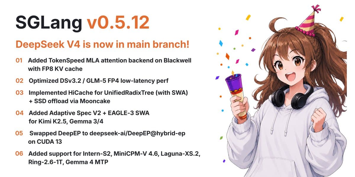 SGLang 0.5.12 adds DeepSeek V4 serving with ShadowRadix and HiSparse