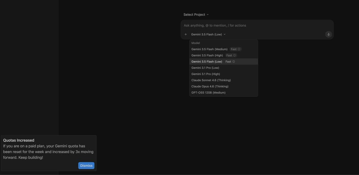 Antigravity adds Gemini 3.5 Flash Low with ~45% fewer tokens