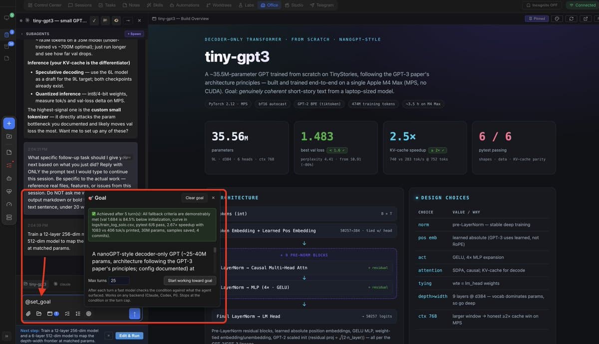Codex supports agent-written `/goal` prompts for spawned threads