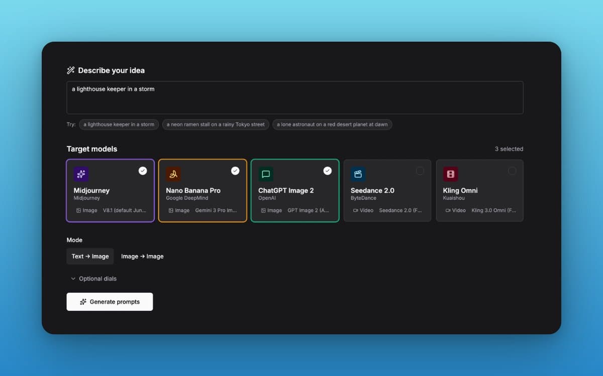 PromptDeck launches prompt rewrites for Midjourney, GPT Image 2, Seedance 2, and Kling in Retool
