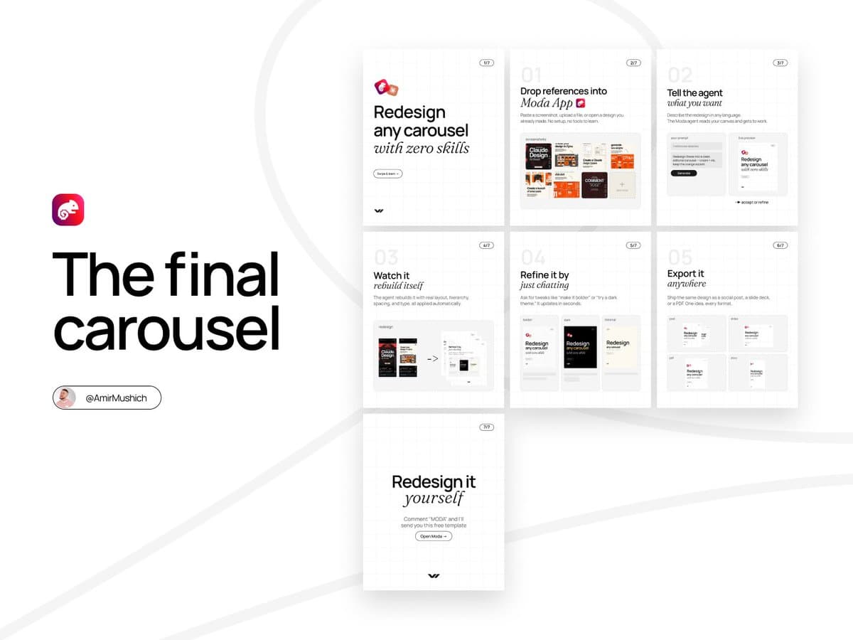 Moda supports Claude MCP carousel redesigns with Brand Kits and 7-slide templates