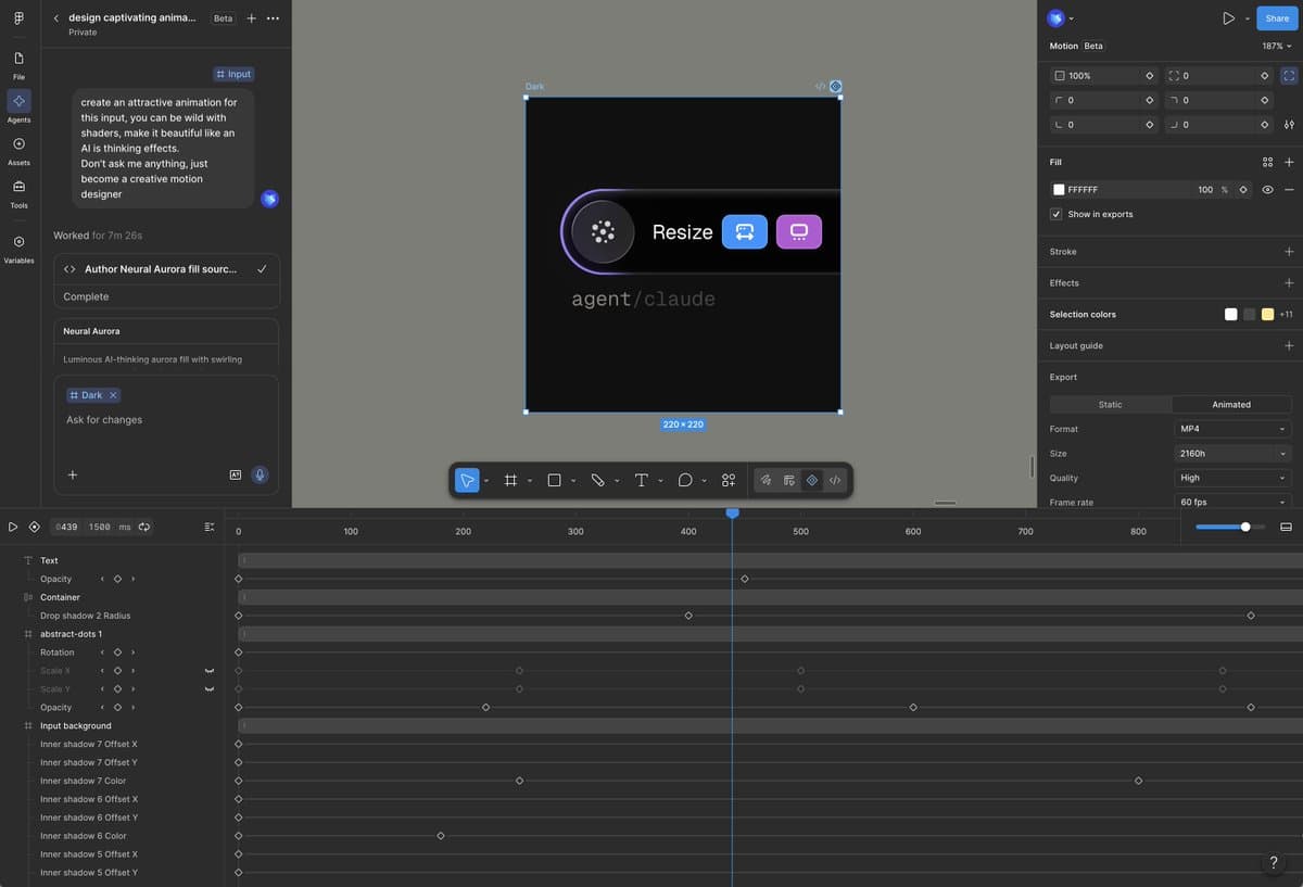 Figma Motion supports shader prompts with canvas handles in beta