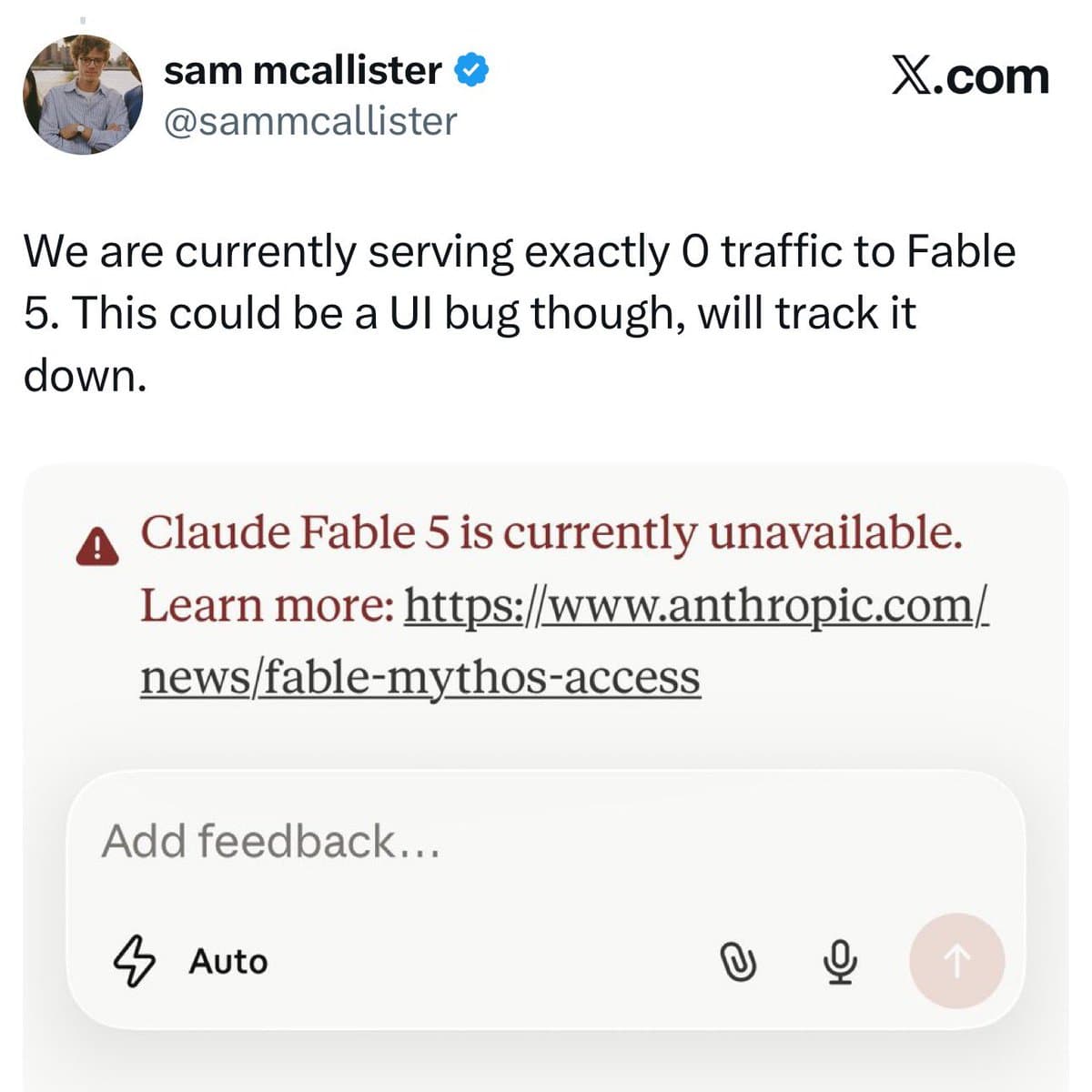 Anthropic reports Claude Fable 5 sightings were a UI bug; traffic stayed at zero