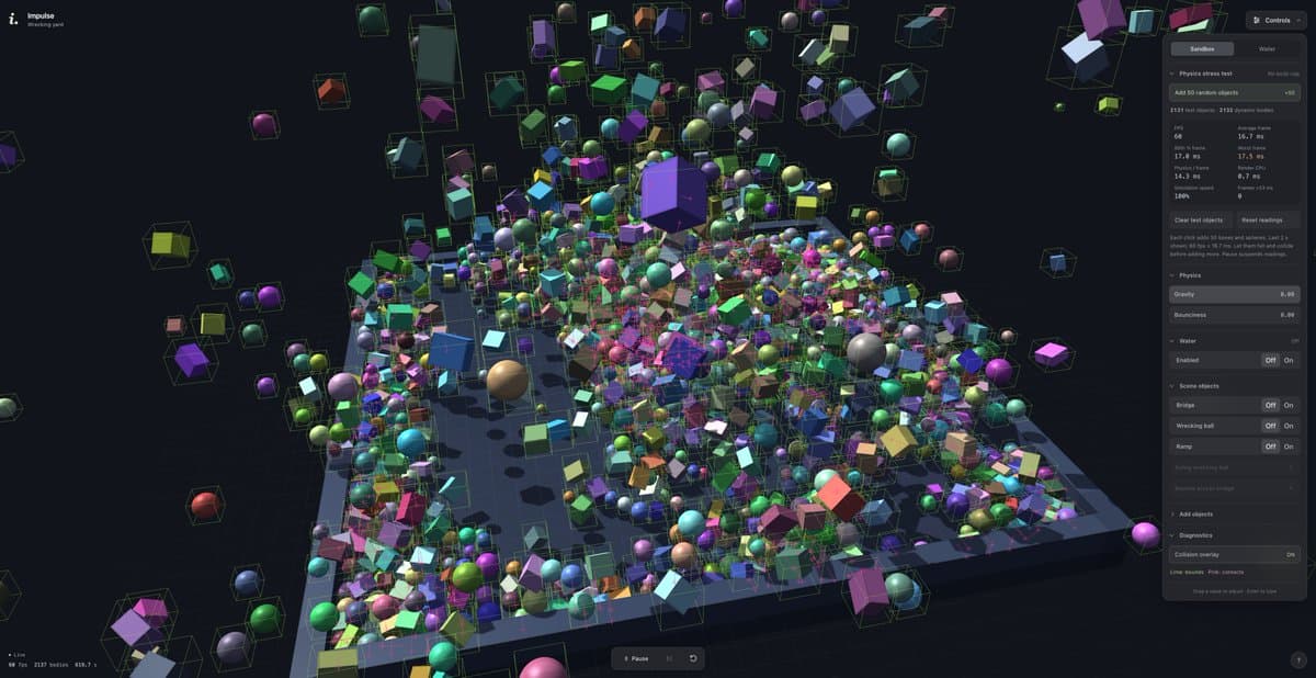IMPULSE runs 20,000 physics bodies at 120fps in a browser