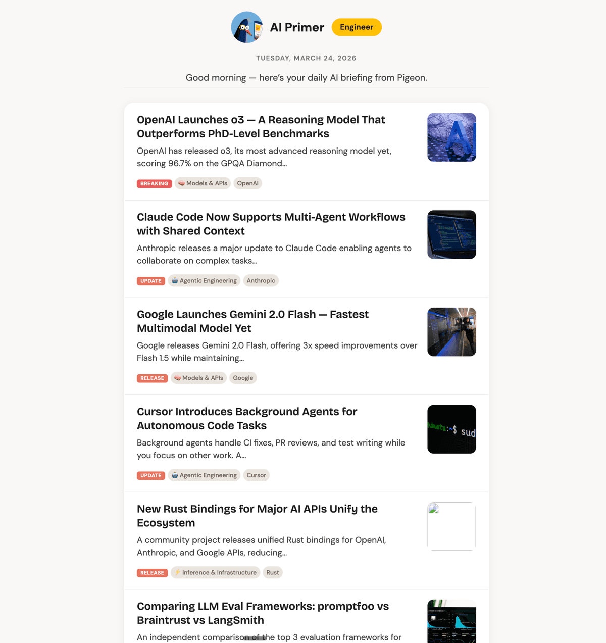 AI Primer daily email briefing for engineers