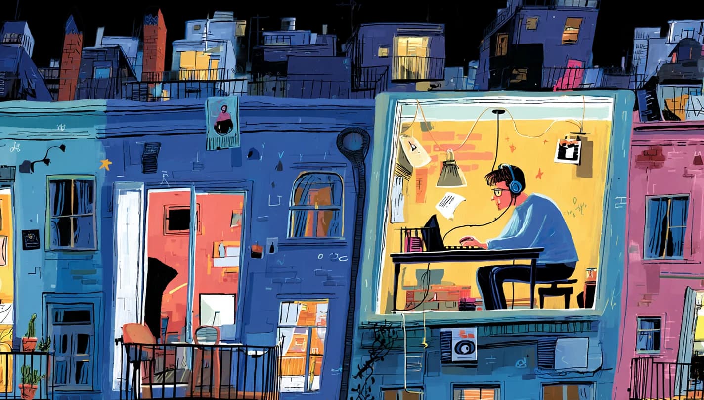 Creator working at desk on a city balcony at twilight
