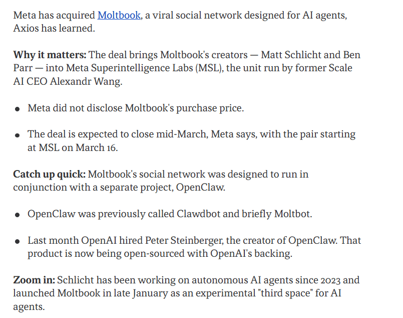 Meta adds Moltbook to Meta Superintelligence Labs in deal closing mid-March