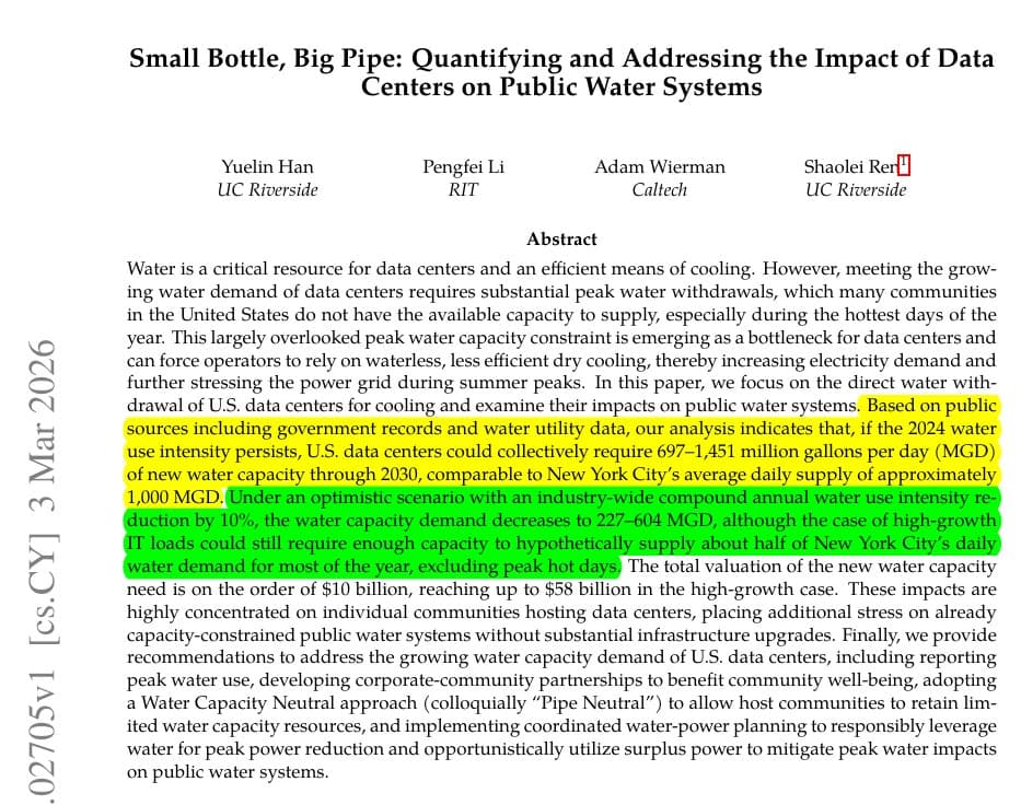 Researchers report US data centers may need 697โ1,451 MGD of new water capacity by 2030