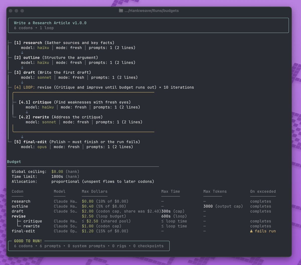 Hankweave adds runtime budgets for dollars, tokens, and wall-clock limits