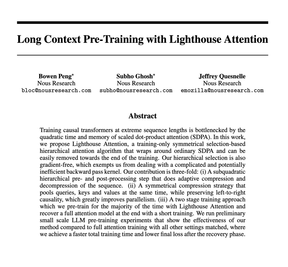 Nous Research releases Lighthouse Attention: 1.4-1.7x faster pretraining at 98K context