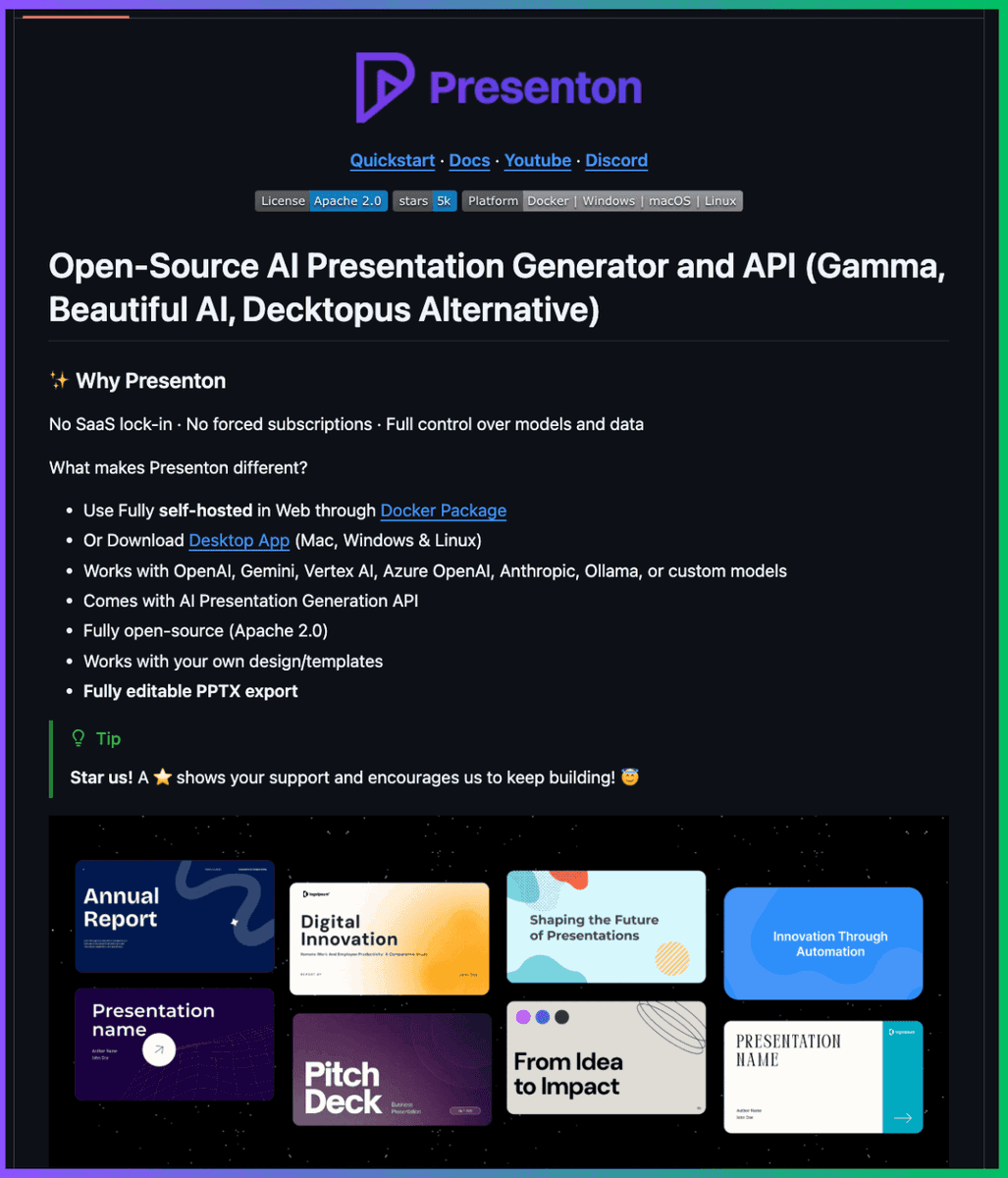 Presenton adds self-hosted prompt-to-PPTX exports with Ollama support