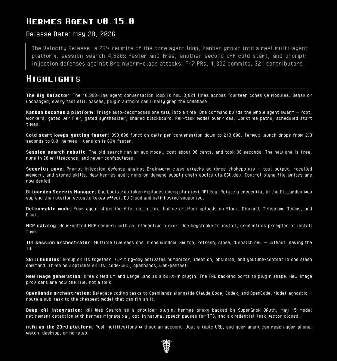 Hermes Agent v0.15.0 adds skill bundles and makes session search 750x faster