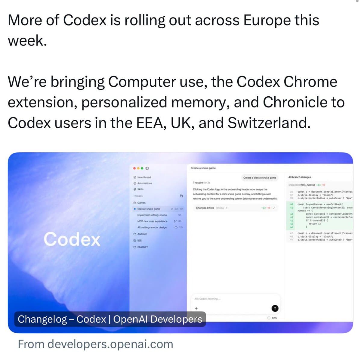 OpenAI opens Codex Computer Use and Chrome extension in the EEA, UK, and Switzerland