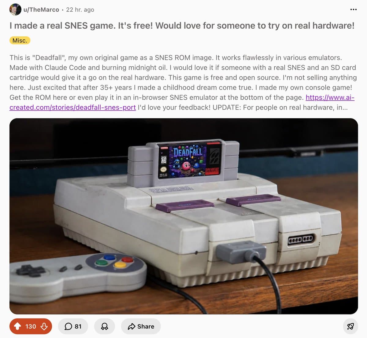 Deadfall reports 100+ Reddit upvotes and SNES hardware confirmation