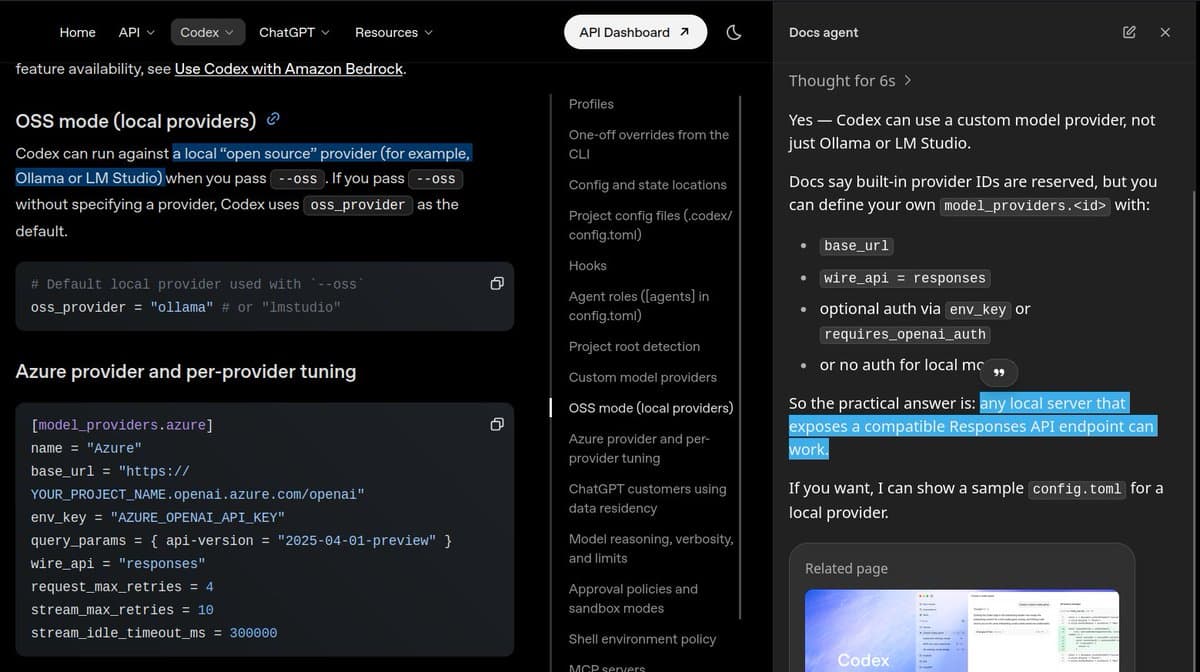 Codex supports open-weight models via Ollama, vLLM, and Responses-compatible endpoints
