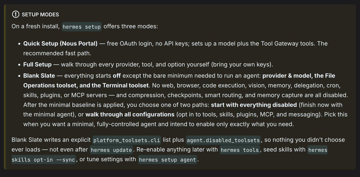 Hermes Agent adds Blank Slate mode in hermes setup